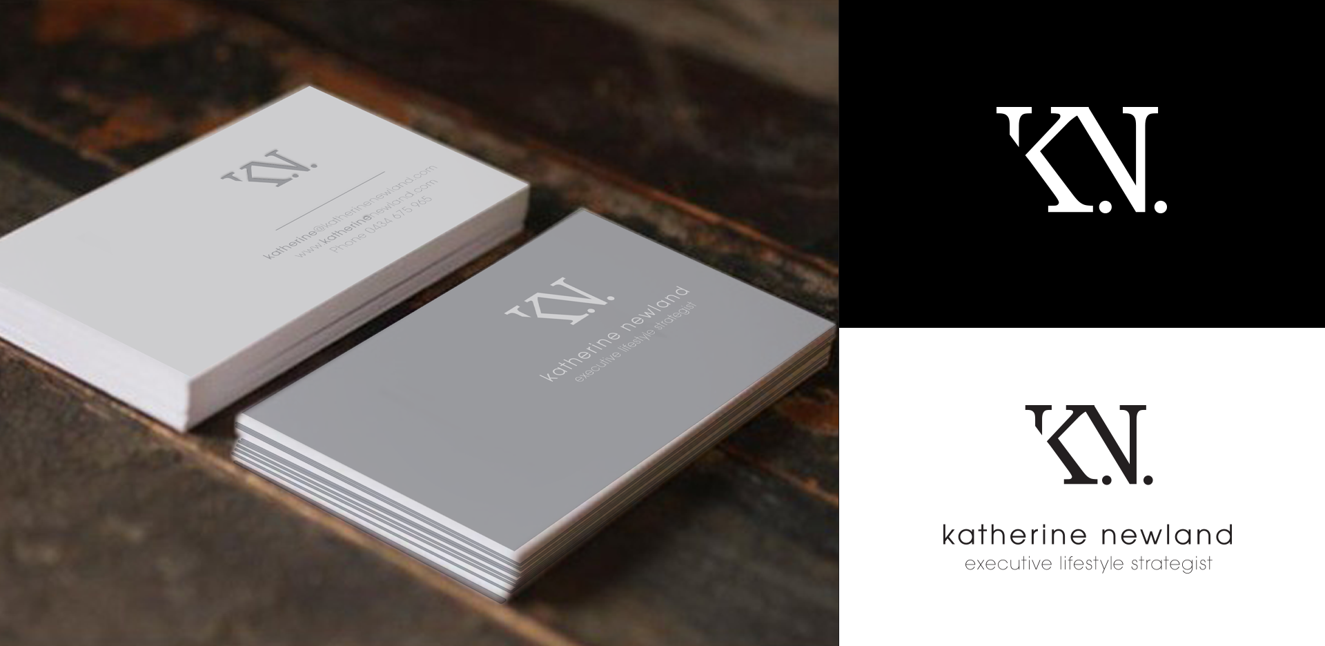 A stack of business cards with a minimalist design is shown. The cards feature the initials "KN" prominently at the top, with the name "Katherine Newland" and the title "executive lifestyle strategist" beneath. A single card is shown standing separately.