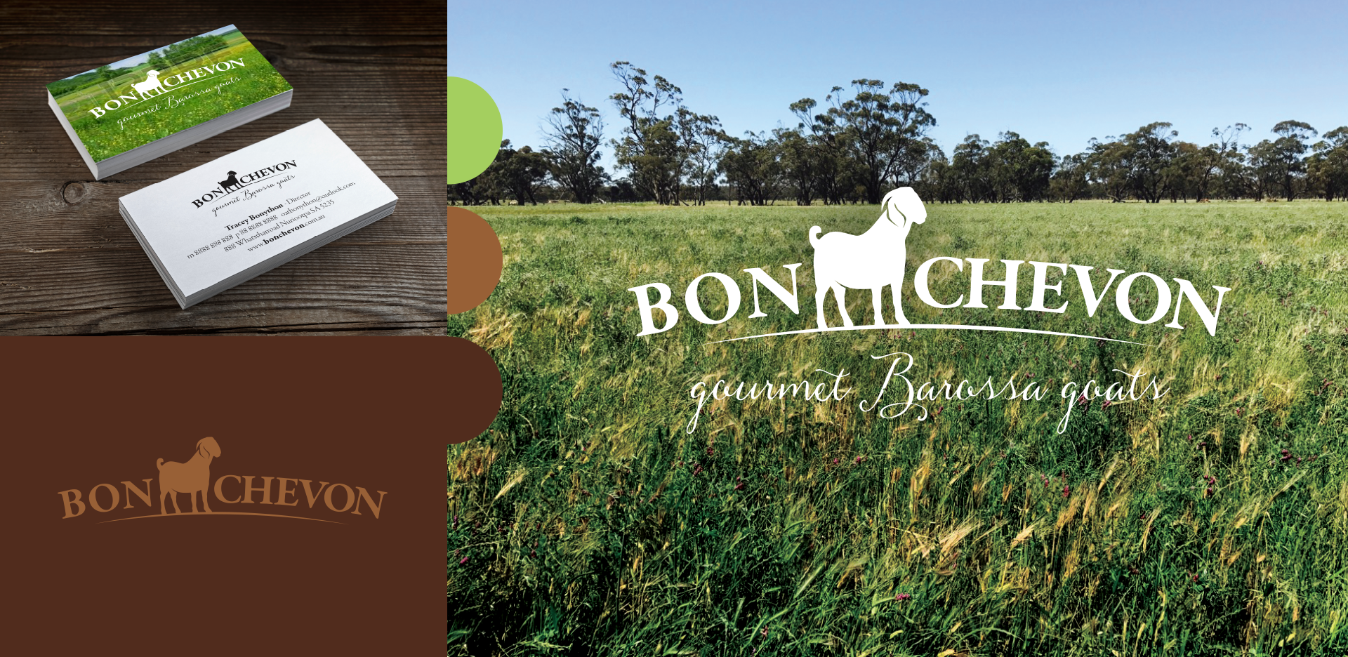 A green field with trees in the background displays a white goat logo and the text "Bon Chevon: gourmet Barossa goat." To the left, there are business cards with the same logo and text on a brown background with green, light brown, and dark red circles.