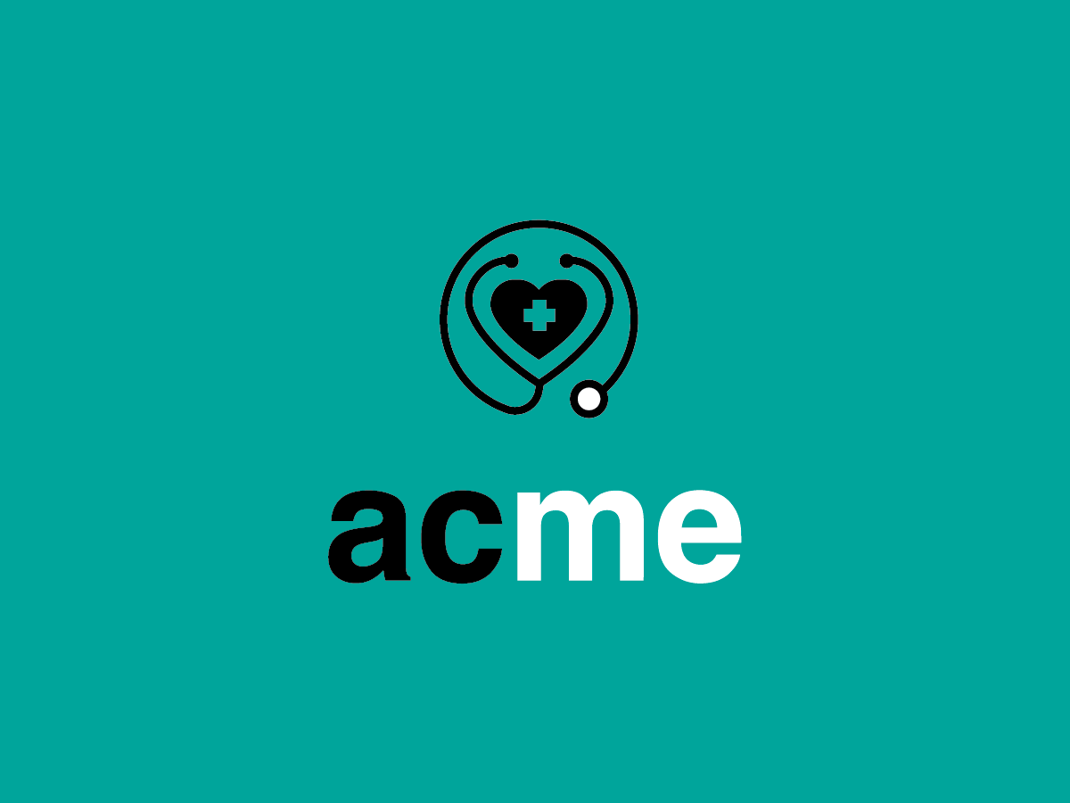 Logo of "acme" with "ac" in black and "me" in white on a teal background. Above the text, there is an icon of a stethoscope forming a heart shape with a medical cross in the center, symbolizing healthcare.