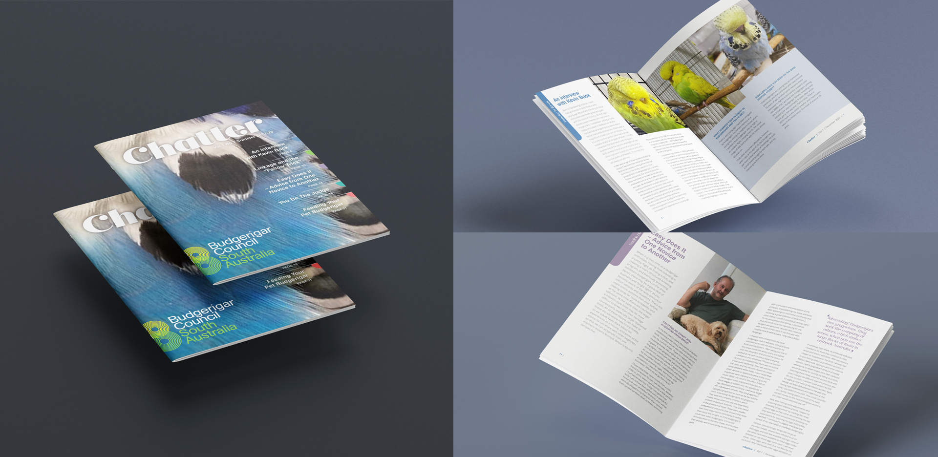 The image features two copies of a magazine titled "Chatter" on the left. On the right, there are two open pages of the magazine showcasing articles accompanied by images of people and birds. The background is a plain gray surface.