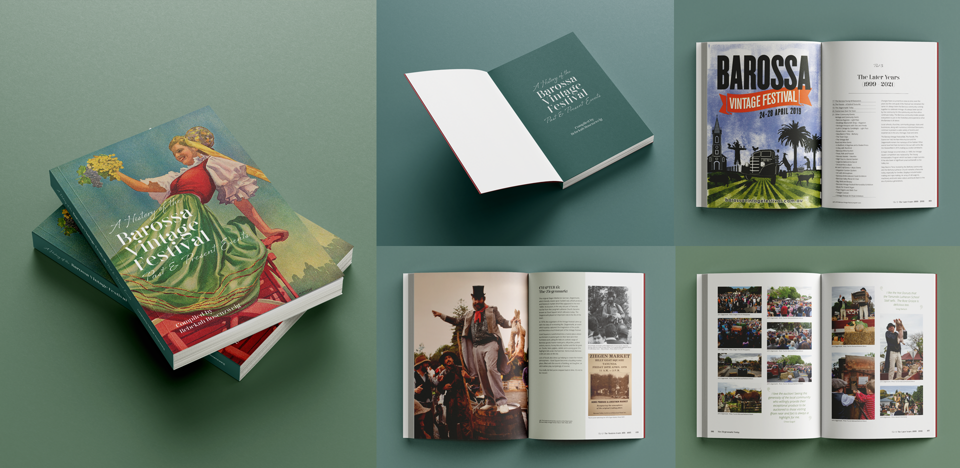 A collage of images showcasing a book titled "Barossa Vintage Festival," featuring colorful covers and open pages displaying text, photographs, and illustrations related to a wine festival. The book's design is visually compelling with a mix of modern and vintage elements.