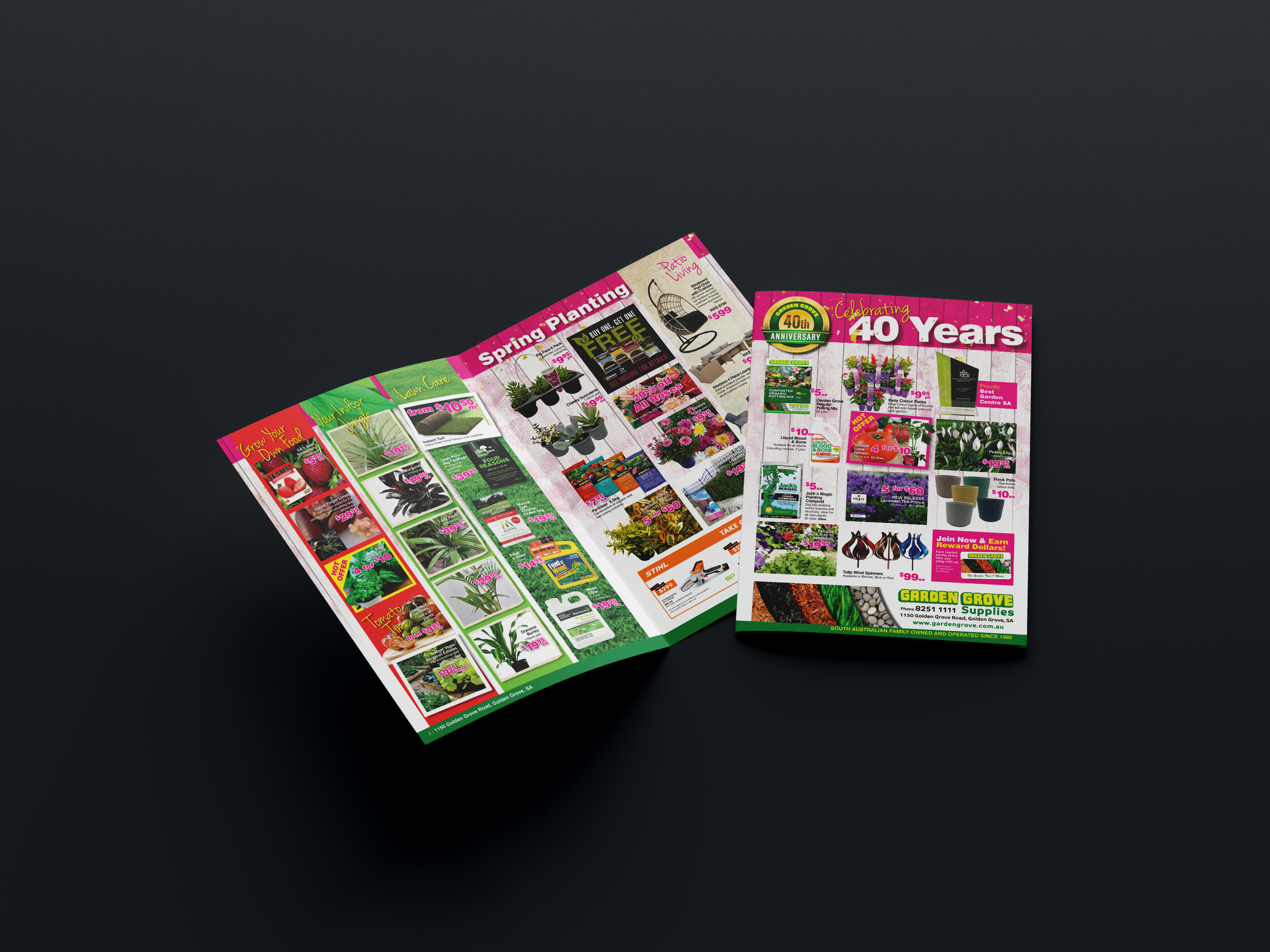 A colorful gardening catalog features a mix of plant images and product information. The open pages show various plants categorized under "Spring Planting", while the cover highlights promotions for the store's 40th-anniversary sale, with various garden items displayed.
