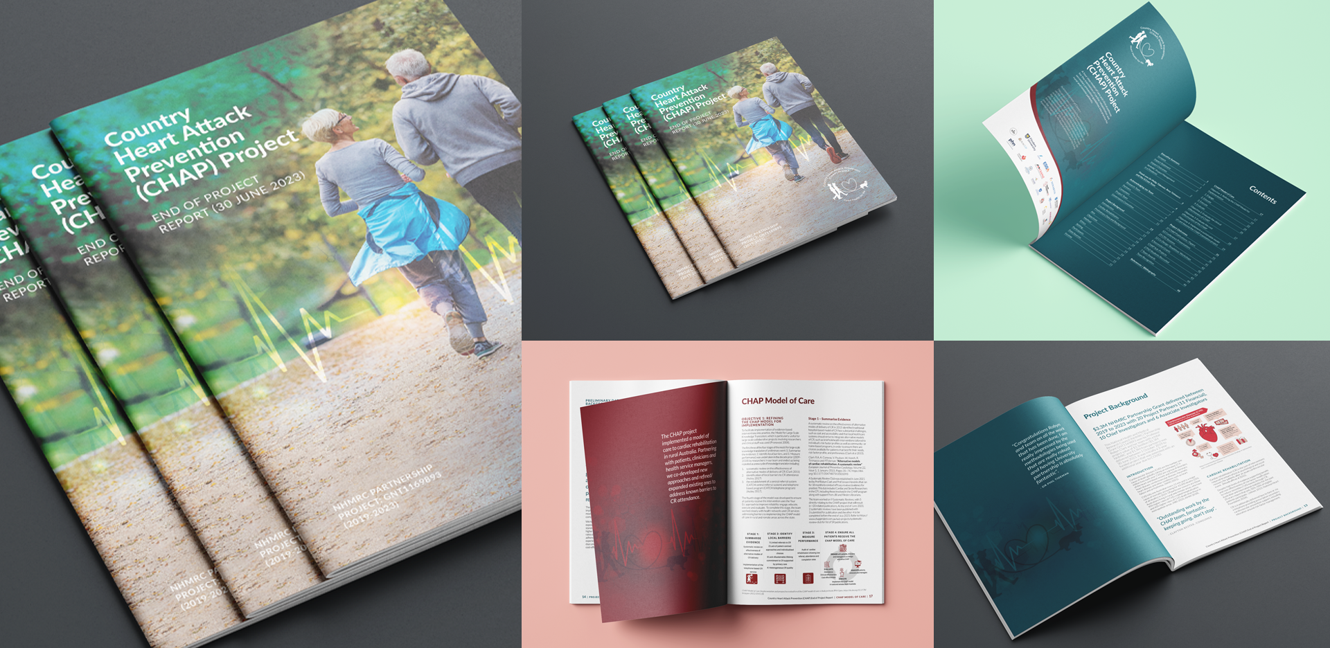 A photo collage displaying various angles of a health report brochure. The cover features an older couple walking outdoors. Inside pages include text, charts, and diagrams related to the County Heart Attack Prevention and Intervention Project.