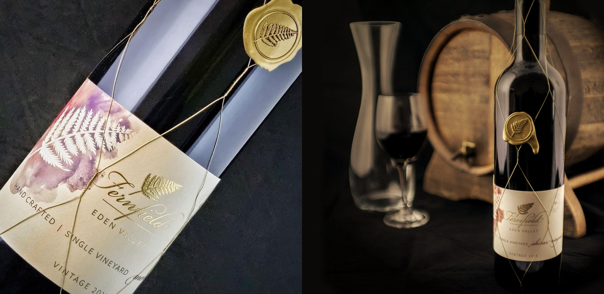 Side-by-side images of a wine bottle. The left image is a close-up of the bottle's label, adorned with a gold wax seal and a fern design, with the text "Fernfield Eden Valley." The right image shows the bottle next to a glass of wine and a wooden barrel in the background.