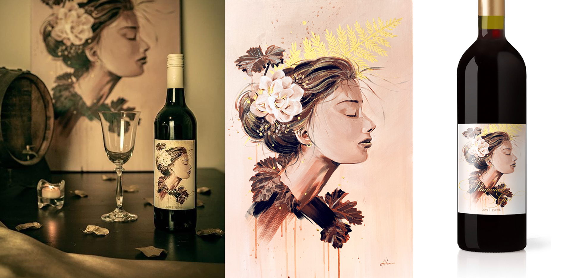 A wine-themed image set. The primary features are two bottles of wine, both labeled with the illustration of a woman's face adorned with flowers and leaves. The central image highlights the detailed artwork of the woman on the wine label.