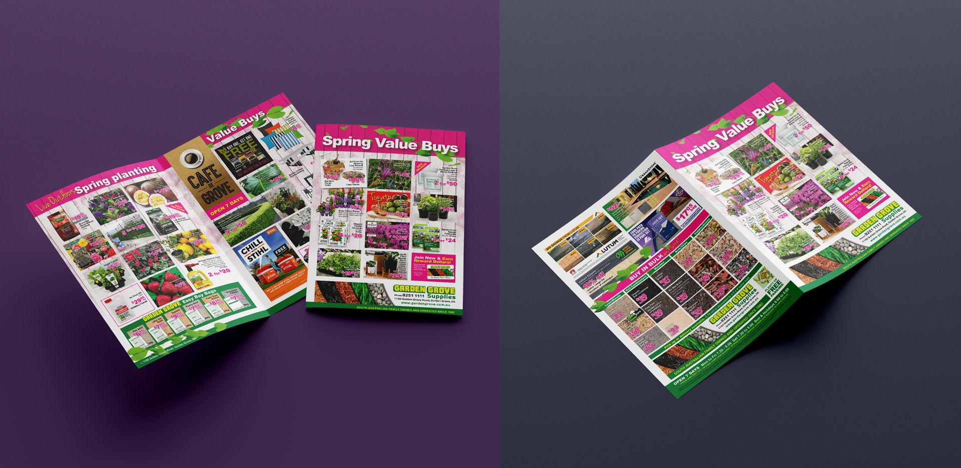 Two open gardening catalogs are displayed: one on a purple background and the other on a gray background. Both showcase "Spring Value Buys" with colorful images of flowers, plants, and gardening supplies. The catalogs have pink banners and green text highlights.