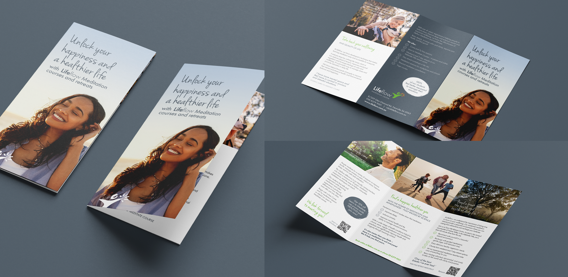 A two-sided trifold brochure on meditation. The cover shows a smiling person outdoors with the title "Unlock your happiness and a healthier life." Inside, there are text sections, images of people meditating and exercising, and contact details.