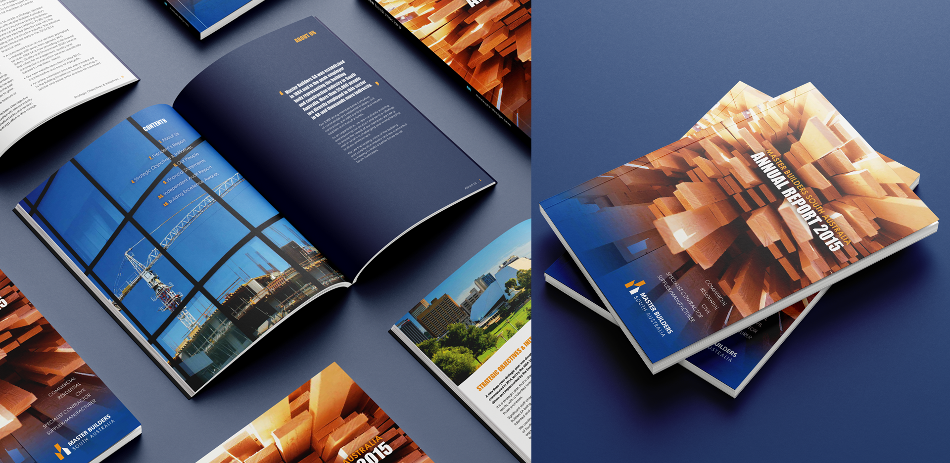 The image displays several open and closed copies of an Annual Report 2015 for a business or corporation. The report features glossy pages with photographs of construction sites, buildings, and architectural elements. The cover showcases a design of wooden blocks.
