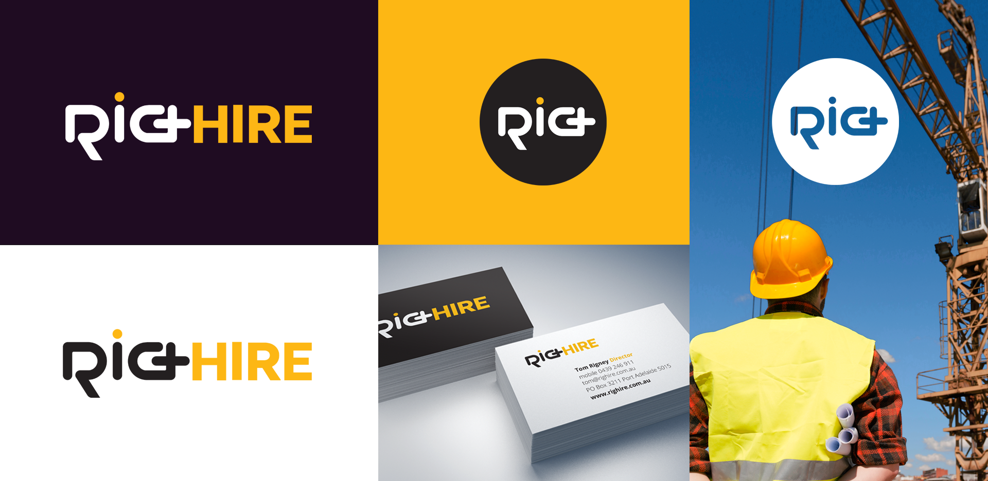 A collage featuring the logo for "Rig+Hire" against various backgrounds, including black, white, and yellow. Also shown are business cards with the logo and a construction worker wearing a yellow hard hat and a safety vest, looking at a crane.