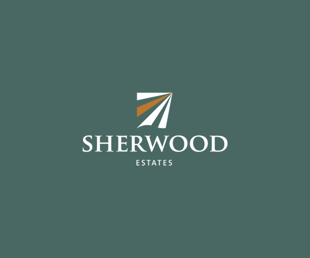 The image shows the logo for Sherwood Estates. It features a stylized graphic of a tree made with geometric shapes in white, green, and brown, positioned above the text "SHERWOOD ESTATES" in white, all set against a dark green background.