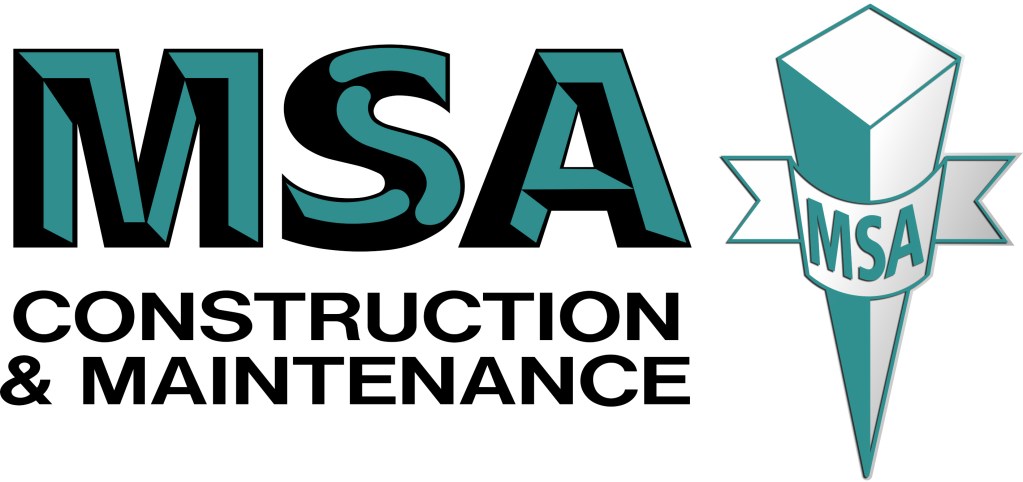 Logo of MSA Construction & Maintenance featuring bold, stylized letters "MSA" in teal and black. A geometric design with "MSA" on a ribbon wraps around a diamond-shaped structure on the right.