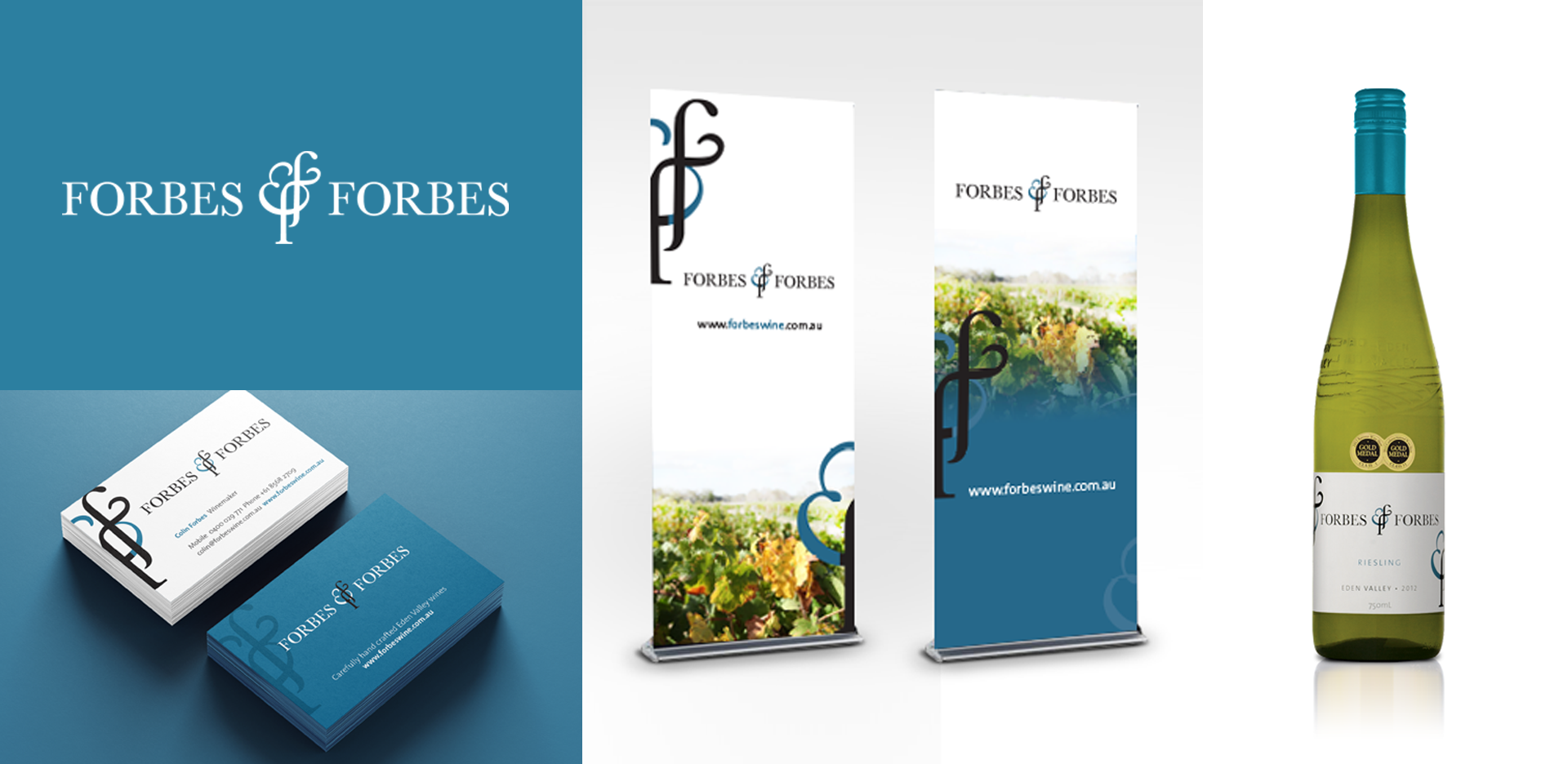The image features the Forbes & Forbes logo and marketing materials, including business cards, promotional banners showcasing vineyard imagery, and a bottle of white wine with the company's logo and two award stickers. The logo contains stylized cursive letters "F".