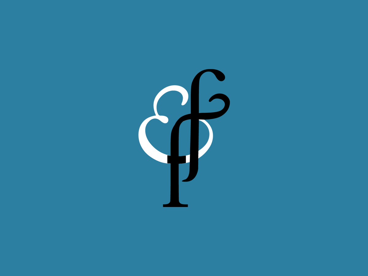 A stylized logo on a blue background features a black treble clef symbol overlapping a white bass clef symbol, forming an elegant, intertwined design.