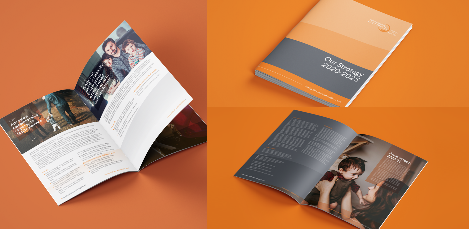 A brochure with various pages displayed against an orange background. The cover is titled "Our Strategy 2020-2025." Open pages show images of smiling people, text about initiatives, and a child interacting with an adult. The brochure is in modern, sleek design.