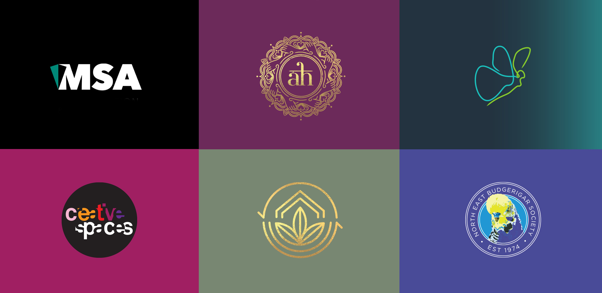A grid of six different logos on a colored background: Top row (black, purple, dark green) with "MSA," ornate "ah" design, abstract butterfly shape; Bottom row (maroon, olive green, blue) with "creative spaces," geometric leaf design, and North East Budgerigar Society emblem.