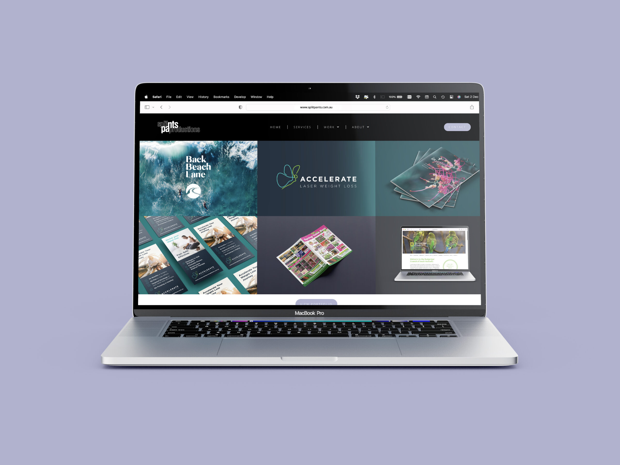 A MacBook Pro laptop displaying a webpage with different graphic design projects. The screen shows various digital and print designs including brochures, website layouts, and marketing materials, all arranged in a visually appealing grid layout. The background is light purple.