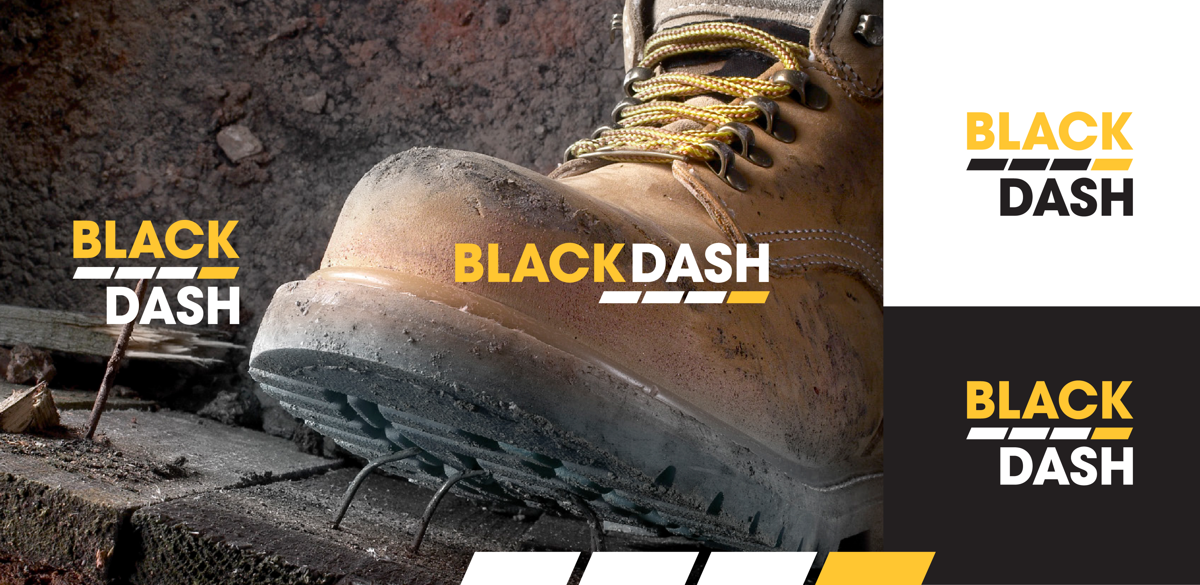 Close-up of a rugged, well-worn construction boot stepping on wooden planks with a rusty nail poking through. The word "BLACK DASH" appears in bold yellow and white text on the left, center, and right, creating a repeated and striking design element.