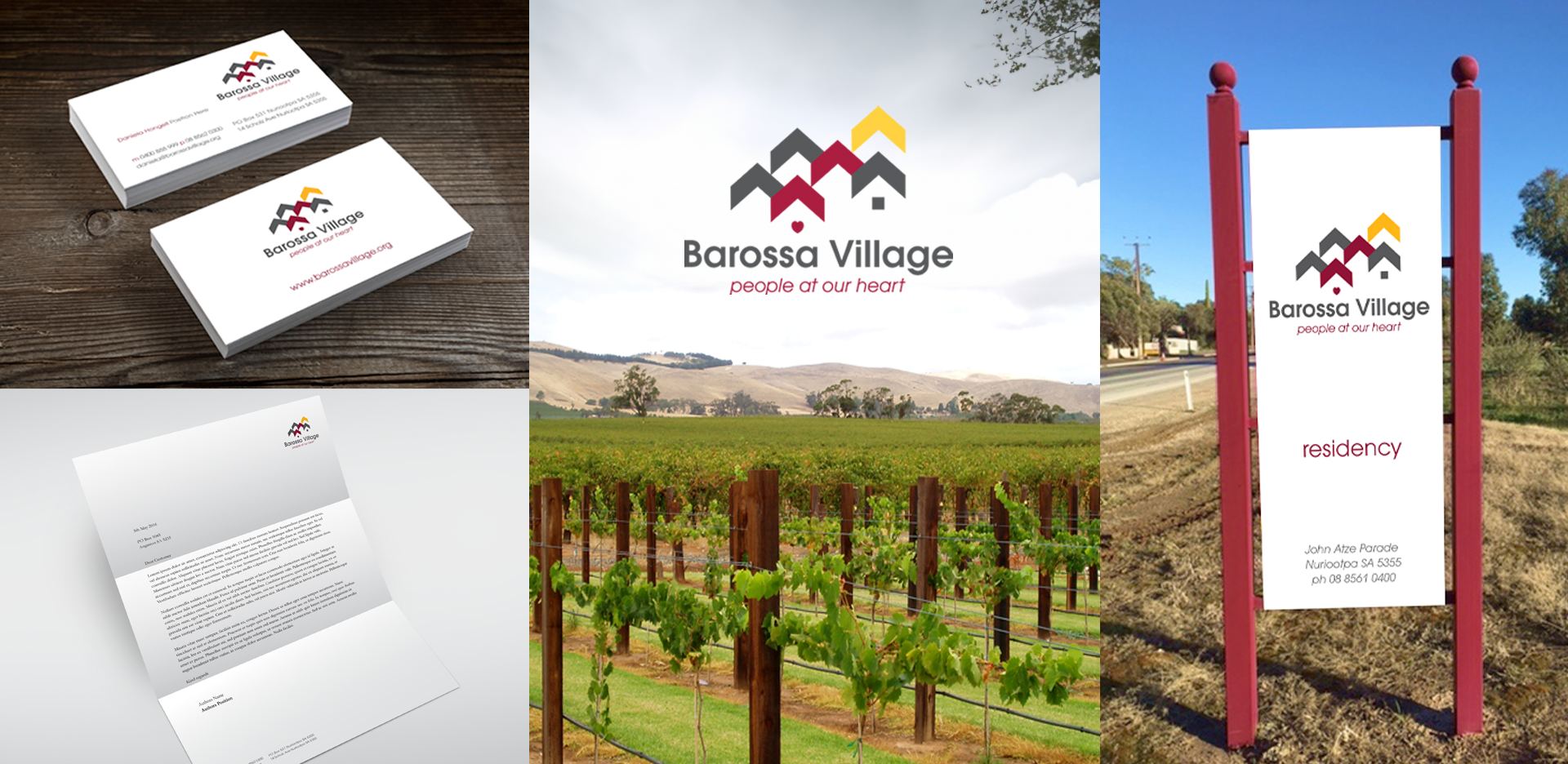 A promotional collage for Barossa Village. Includes business cards, a letter, a grape vineyard, and a signboard displayed outdoors. The branding features a colorful house logo with the tagline "people at our heart." The signboard lists location and contact details.