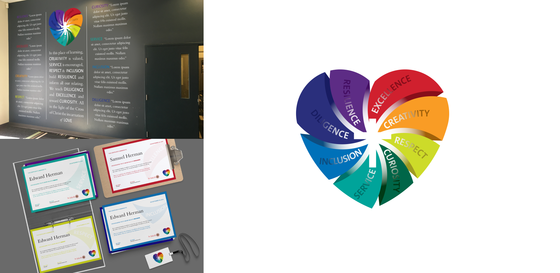 The image is divided into four quadrants. The top left shows a wall with a colorful heart icon and values written on it. The bottom left shows framed certificates. The right side displays a large heart made of colorful segments labeled with different values.