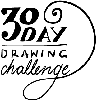 30 Day Drawing Challenge" written in a stylized font with decorative swirls and curves.