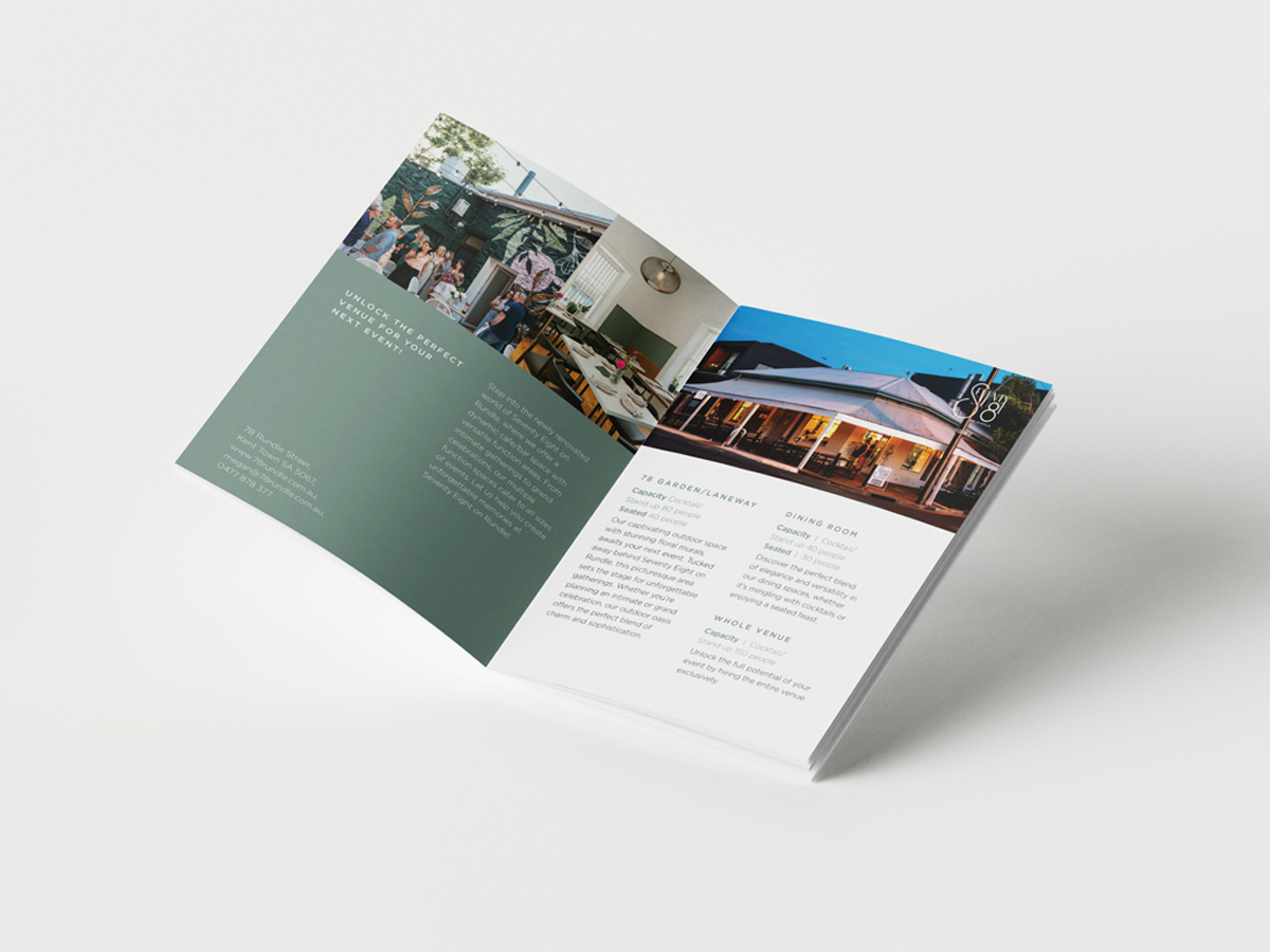 An open brochure displayed on a white surface. The left page has text over a green background with a photo of people dining. The right page shows text detailing services offered and includes a photo of a well-lit building at dusk.