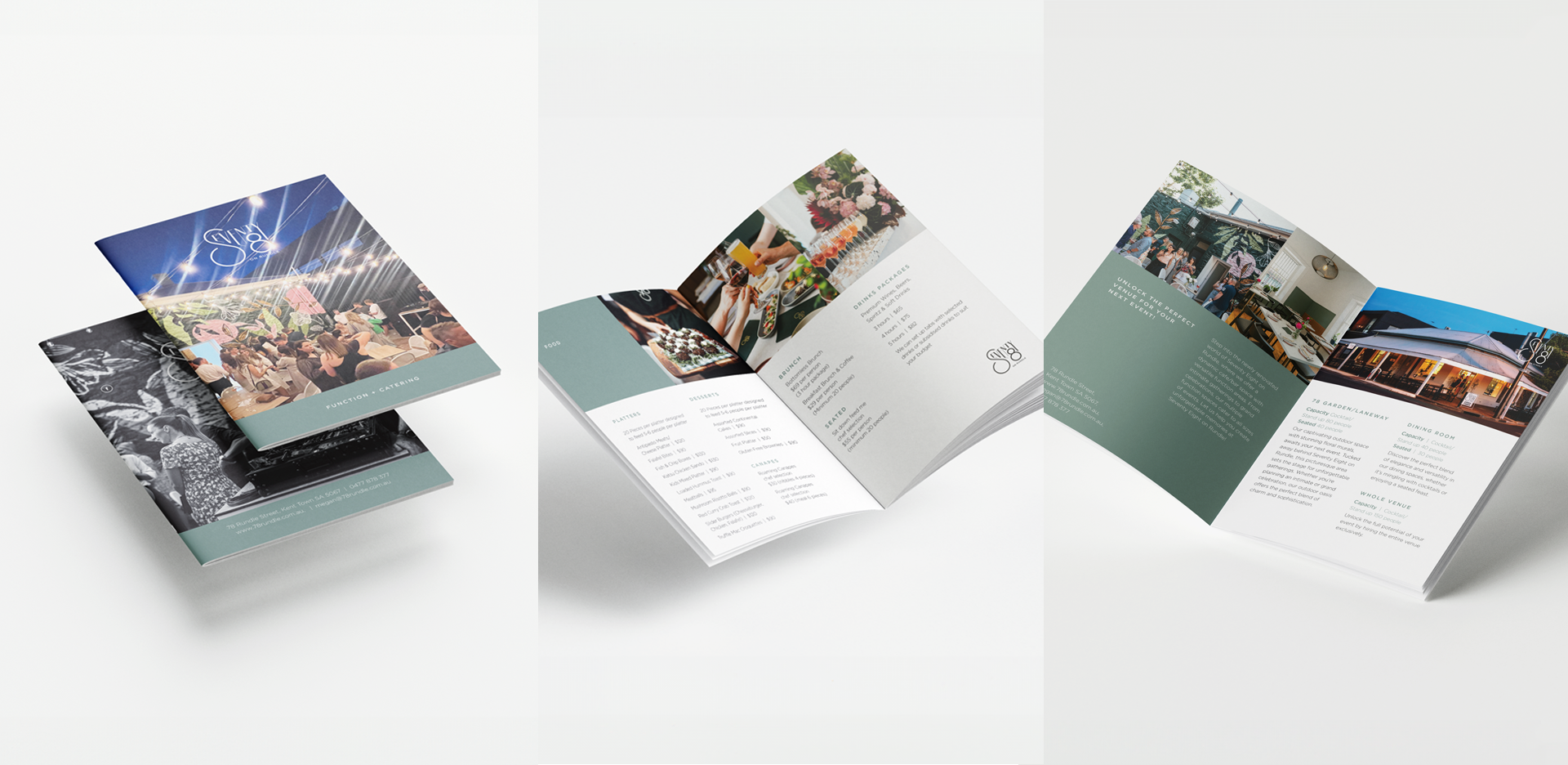 Three images display a folded brochure from various angles. The brochure features images of food, people dining, and restaurant interiors. The cover highlights a logo and the pages inside show menu items and descriptions in a clean, modern design.