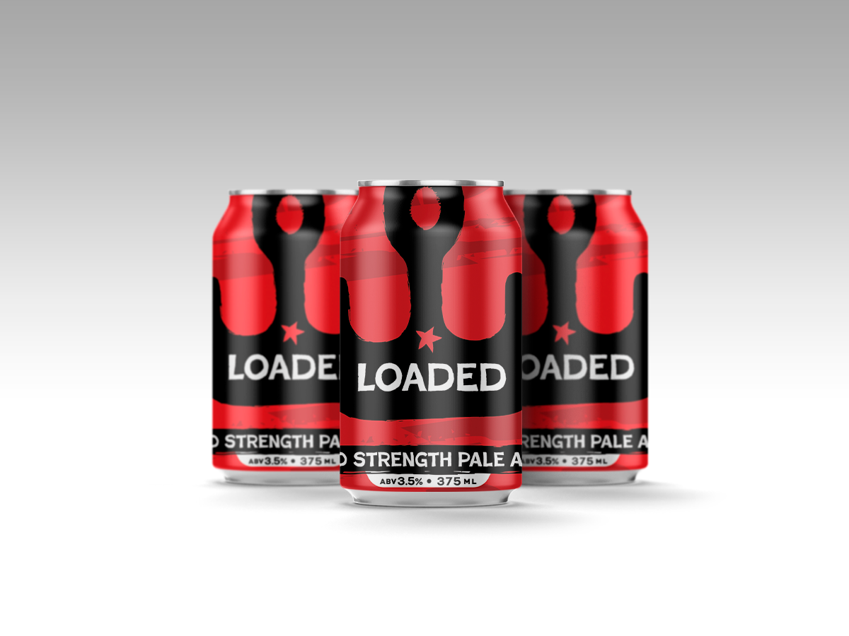 A six-pack of Loaded Strength Pale Ale beer cans with a red and black design featuring a stylized abstract shape and a star on each can. The text "Loaded Strength Pale Ale" is prominently displayed on each can. The cans are set against a gradient gray background.