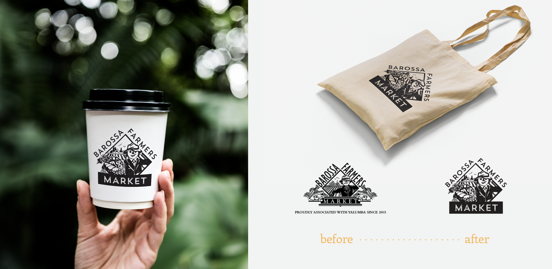 Before and after pic of the updated Barossa Farmers Market Logo, with an image of a coffee cup and tote bag.