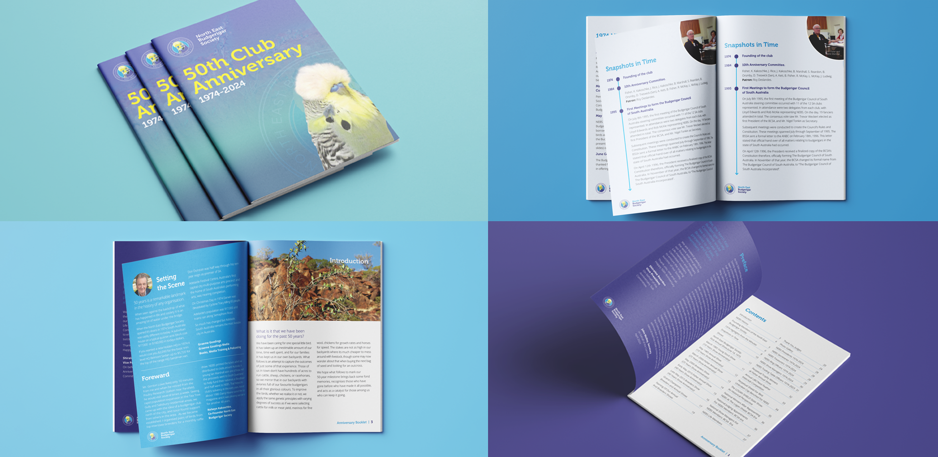 A collage image of four different views of a 50th Club Anniversary brochure. One shows the closed booklet, one shows an open page spread with text and photos, another has an open page with an article about a bird, and the last shows another page spread with more text.