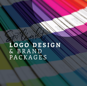 A colorful array of Pantone color swatches with text overlaid. The text reads "Spotlight Logo Design & Brand Packages." The background consists of vibrant, overlapping shades of blue, green, purple, pink, and red.