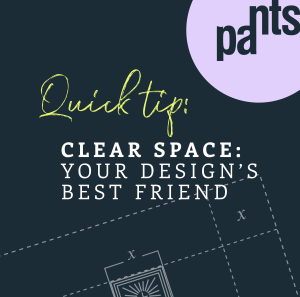 Quick tip: CLEAR SPACE: YOUR DESIGN'S BEST FRIEND" is written on a dark background with a partial purple circle. A diagram with dashed lines is partially visible at the bottom.