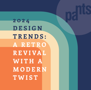 A graphic with the title "2024 Design Trends: A Retro Revival with a Modern Twist." The background features layered, curved lines in green, cream, yellow, and orange. The word "pant" is partially visible at the top right.