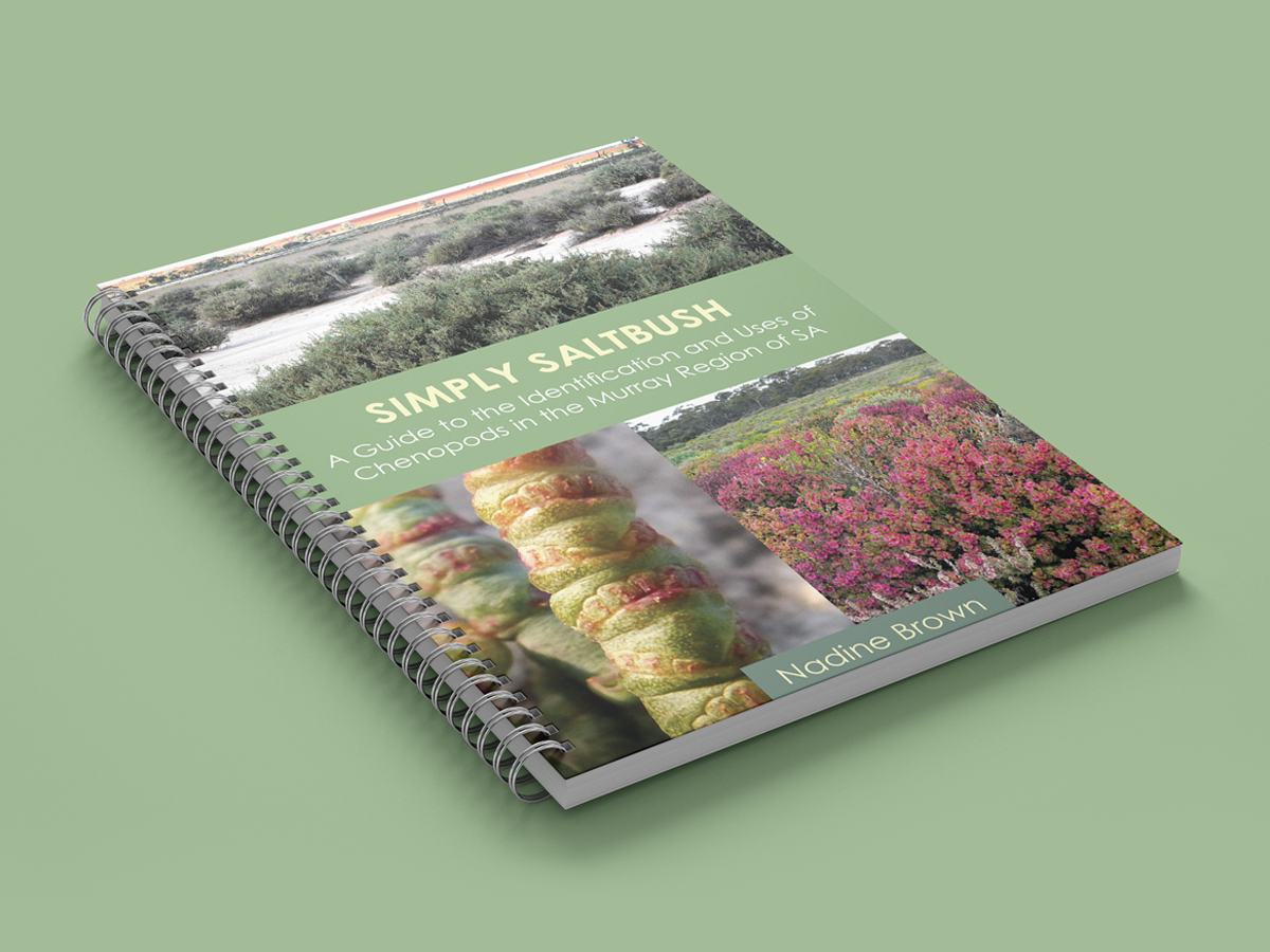 A spiral-bound book titled "Simply Saltbush: A Guide to the Identification and Uses of Chenopods in the Murray Region of SA" by Nadine Brown. The cover features images of various chenopod plants and landscapes with greenery and pink flowers, set against a light green background.