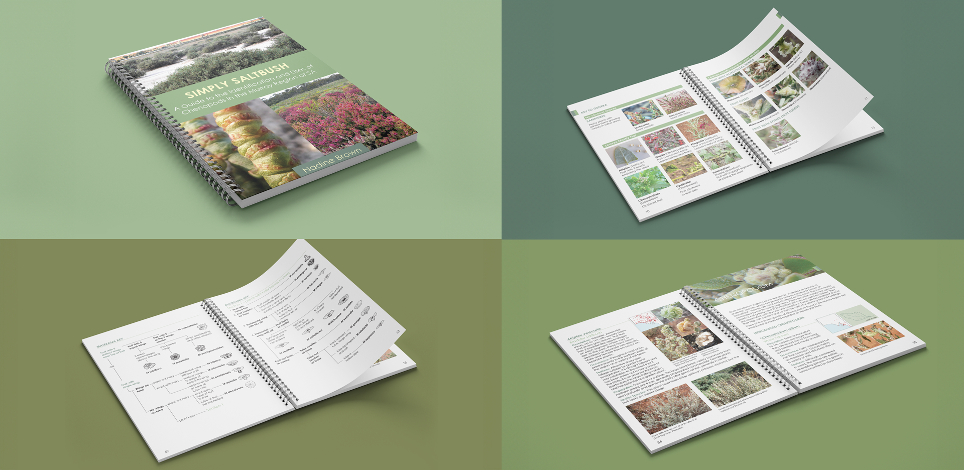 A four-panel image displays a spiral-bound book titled "Simply Satureja" by Torgo Torgaias with an image of plants on the cover. Inside views show pages with plant photos, diagrams, and text, demonstrating various aspects of botany and plant care.