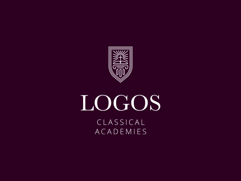 Maroon background with a white emblem above the text "LOGOS CLASSICAL ACADEMIES." The emblem features an open book beneath a radiating sun within a shield-like shape, symbolizing enlightenment and education.