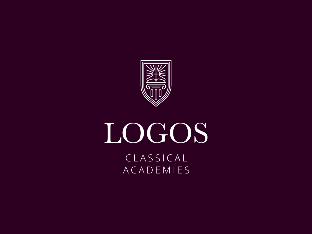 Maroon background with a white emblem above the text "LOGOS CLASSICAL ACADEMIES." The emblem features an open book beneath a radiating sun within a shield-like shape, symbolizing enlightenment and education.