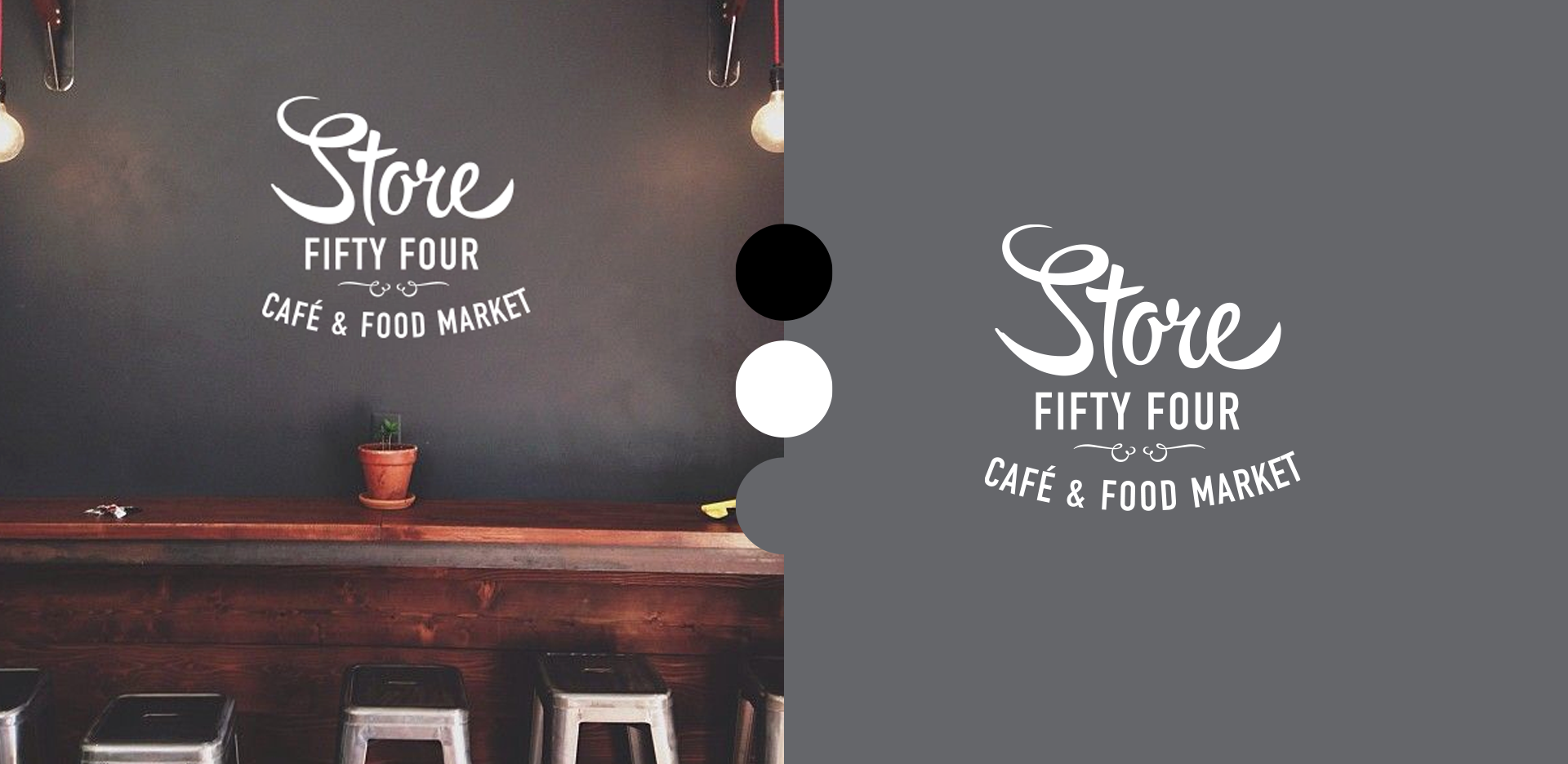 Side-by-side comparison of a café logo on two different backgrounds. The left shows the logo on a black chalkboard wall behind a wooden counter and stools, while the right presents the logo against a gray background with color swatches (black, white, and gray).