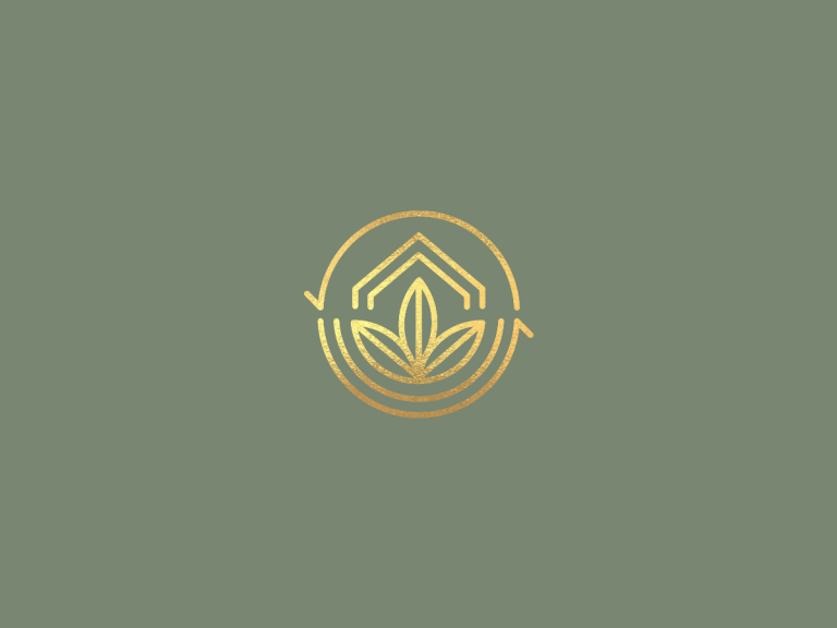 A minimalist logo featuring a gold geometric design resembling a leaf inside a diamond shape, all encased within a circle, set against a muted green background.