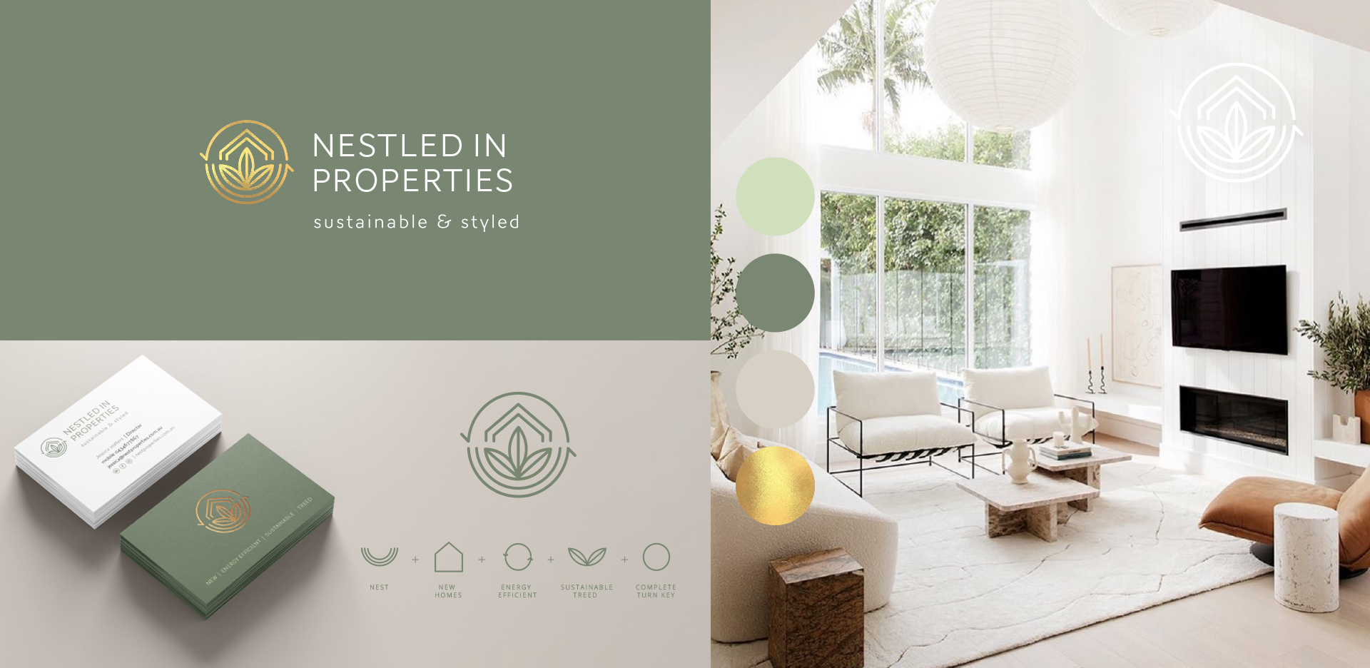 A stylish living room with modern decor, large windows, and neutral tones. A logo and branding materials for "Nestled In Properties" featuring green and gold colors are displayed. The space emits a sustainable and elegant design aesthetic.