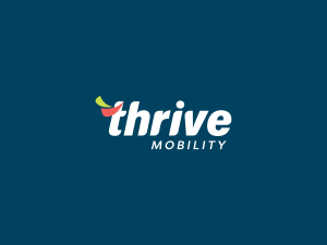 Logo for "Thrive Mobility" with the word "thrive" in white lowercase, featuring a small abstract design resembling a green and red leaf above the 't'. The word "MOBILITY" is written below in smaller white uppercase letters. The background is dark teal.