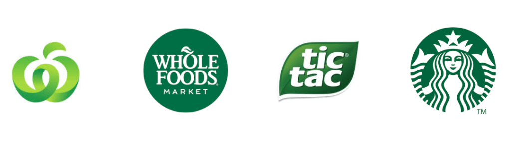 Logos of four companies: Woolworths with a green stylized "W," Whole Foods Market with white text on a green circle, Tic Tac in white cursive on a green shape, and Starbucks with a white mermaid-like figure on a green circle.