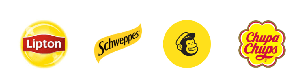 Image displaying four logos: Lipton with a yellow circle, Schweppes in cursive on a yellow wave, Mailchimp with a monkey face on a yellow circle, and Chupa Chups with red text on a yellow flower-shaped background.