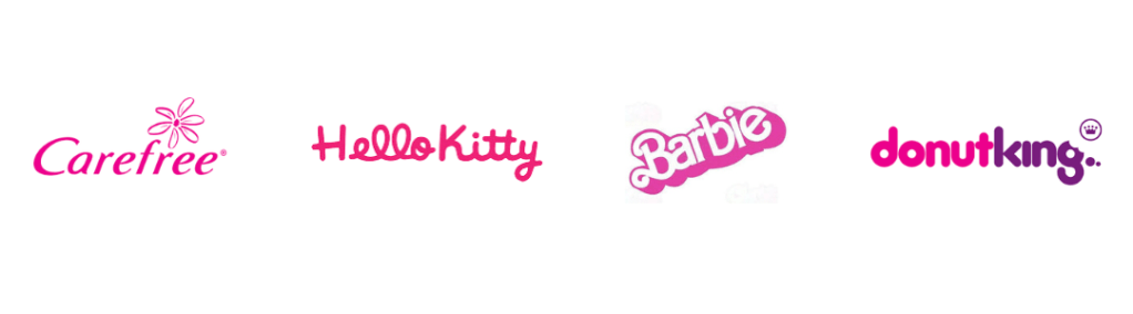 Logos of four brands: Carefree with a pink flower icon, Hello Kitty in playful pink handwriting, Barbie with a pink bubbly style, and Donut King in bold, purple lowercase letters.