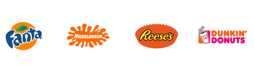 Four logos: Fanta with an orange and green leaf, Nickelodeon splat in orange, Reese's in an orange oval shape, and Dunkin' Donuts with coffee cup and pink text.