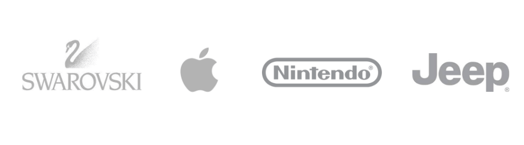 Logos of four brands: Swarovski with a swan design, Apple with an apple shape, Nintendo in an oval border, and Jeep in bold lettering. All logos are presented in grayscale.