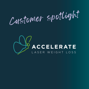A graphic featuring the text "Customer spotlight" in purple cursive at the top left. Below is a stylized outline of a butterfly and the text "ACCELERATE LASER WEIGHT LOSS" on a dark blue and teal gradient background.