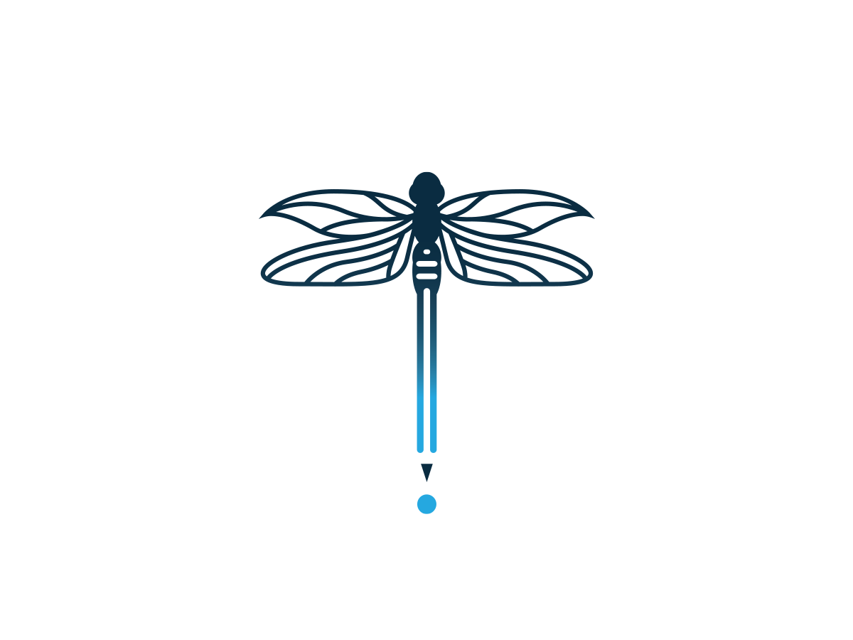Minimalist illustration of a dragonfly with detailed wings, a segmented body, and a gradient blue dot below its tail on a white background. The icon for the Drawing Creation Brand Strategy.