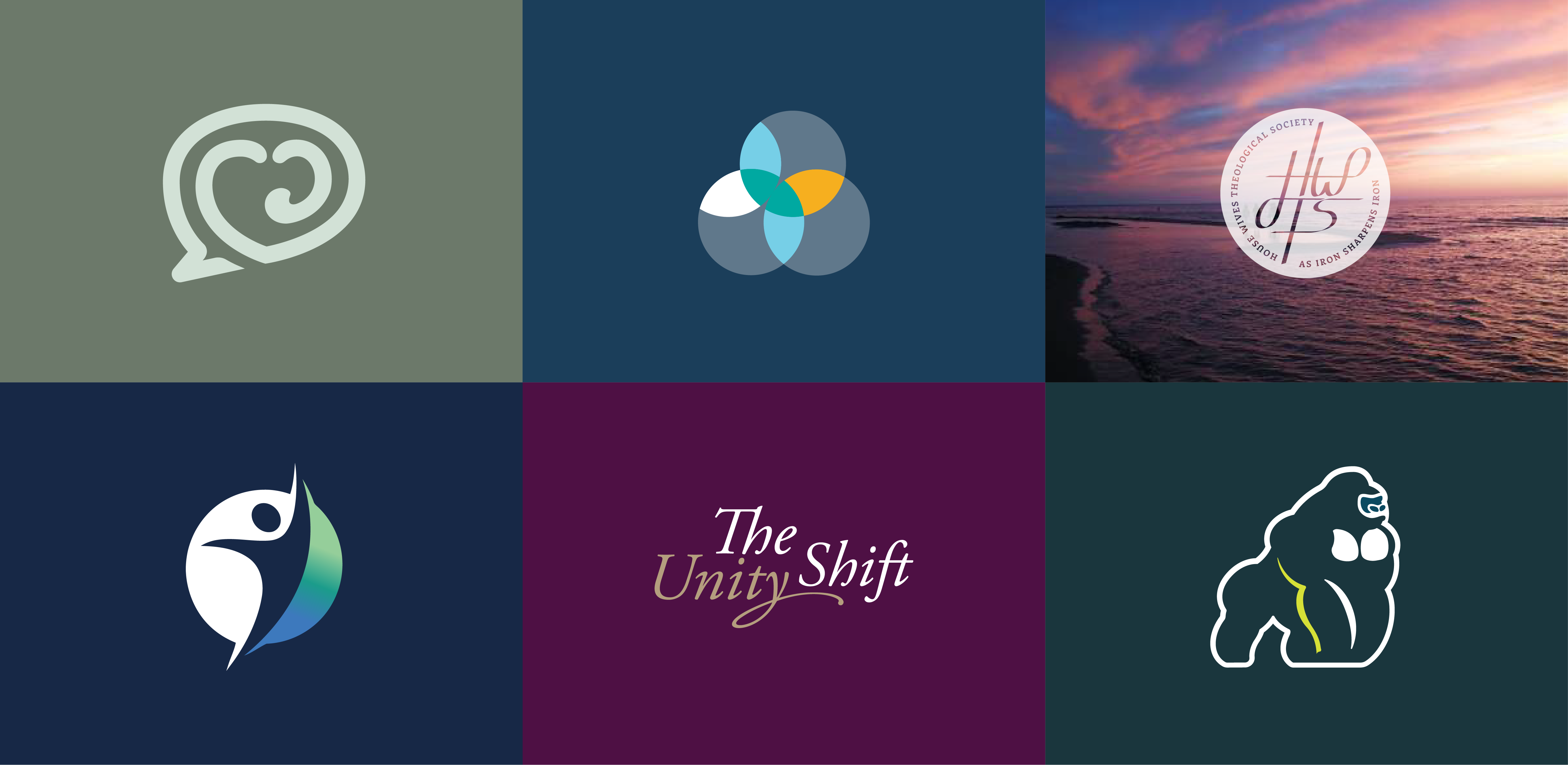 A grid of six squares features various logos: a spiral heart, overlapping circles, cursive text over a beach sunset, a stylized human figure, “The Unity Shift” text, and a minimalist gorilla outline.