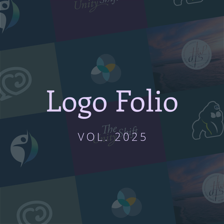 A graphic with "Logo Folio VOL. 2025" in the center, over a blurred grid of various colorful logo designs and abstract symbols in the background.